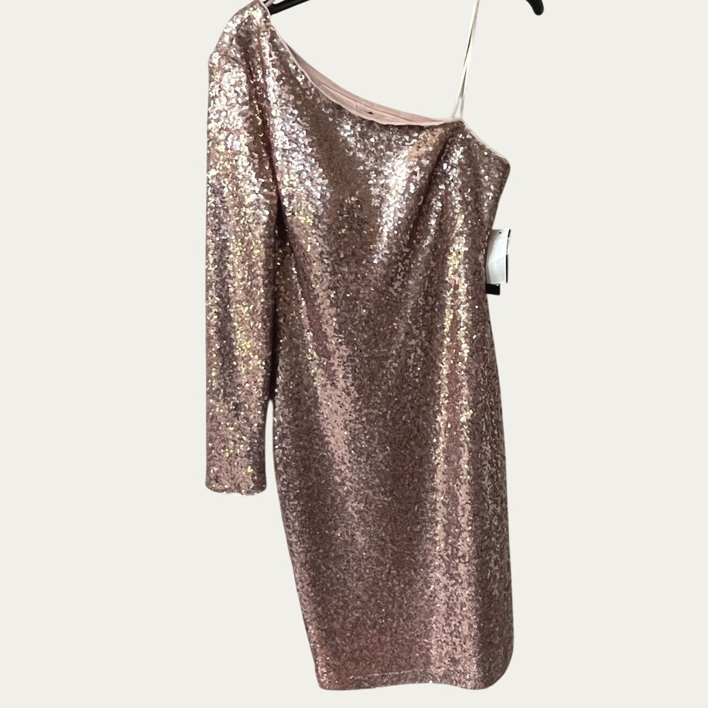 Nightway R&M Richards Rose Gold Sequin One Shoulder Dress Womens 10 NWT Party